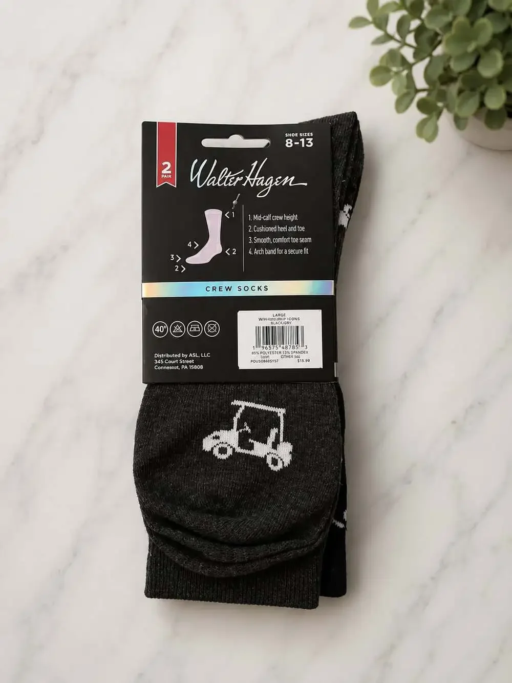 Walter Hagen Golf Socks with Golf Cart and Golf Clubs Icons, Black, 2 Pair